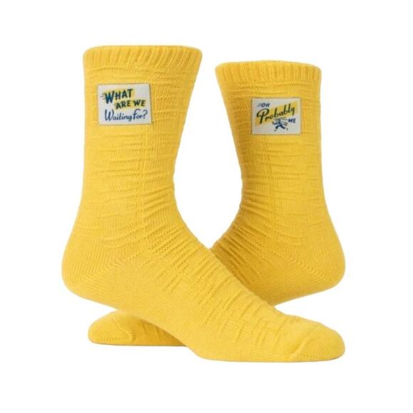 Blue Q Tag Crew Socks Yellow Knit What Are‎ We Waiting For? Small/Medium - Picture 1 of 5